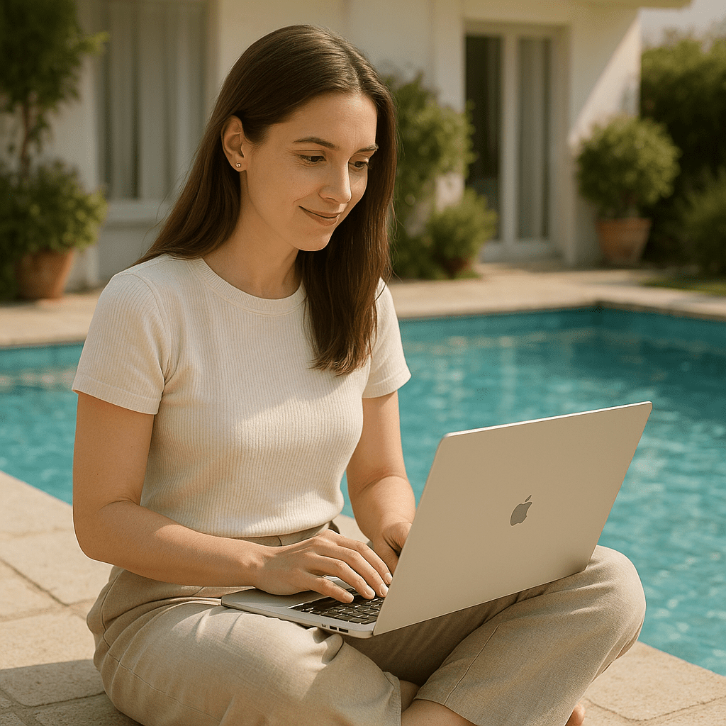 Girl-by-pool-with-laptop